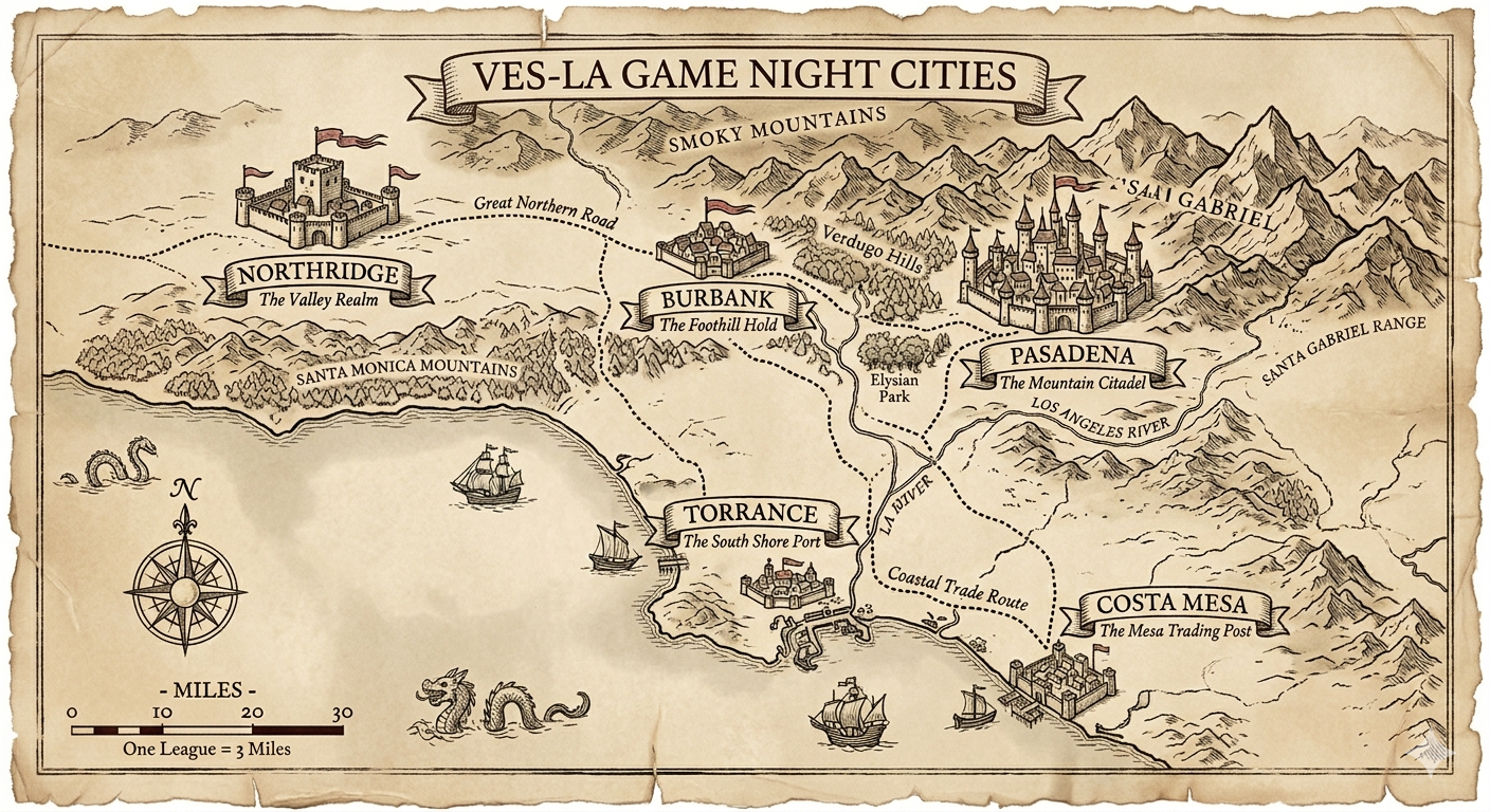 5 cities game night map showing Northridge, Burbank, Pasadena, Torrance, Costa Mesa